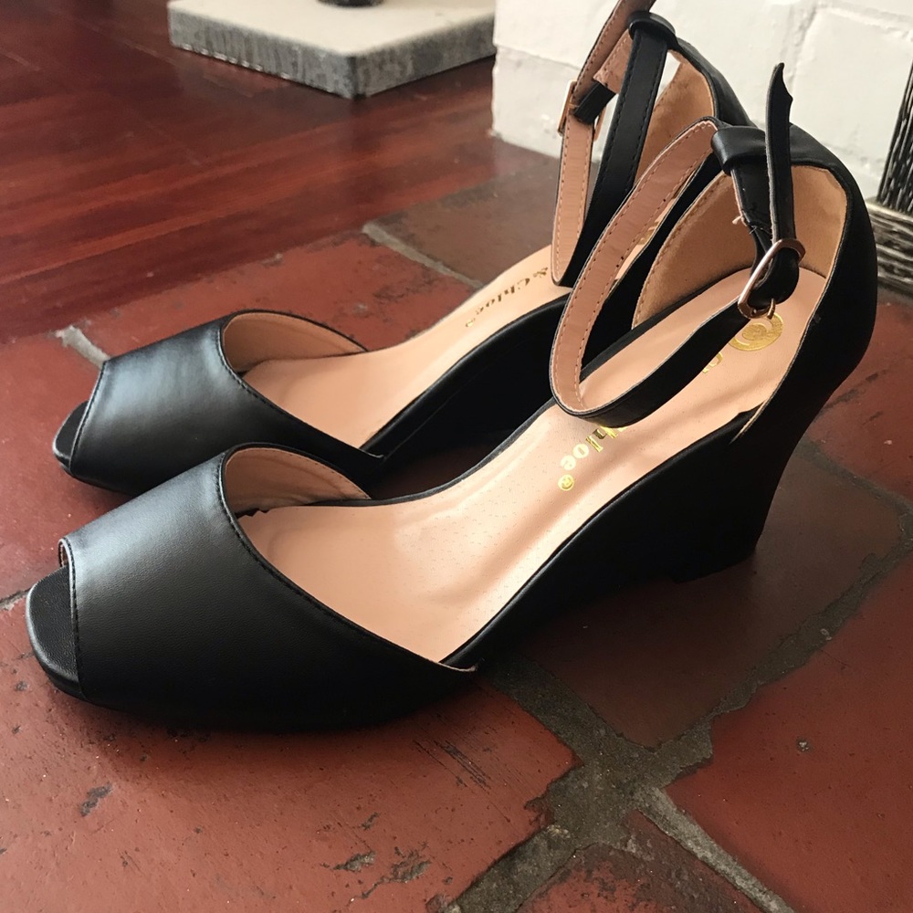 Black Open-Toed Wedge Heel